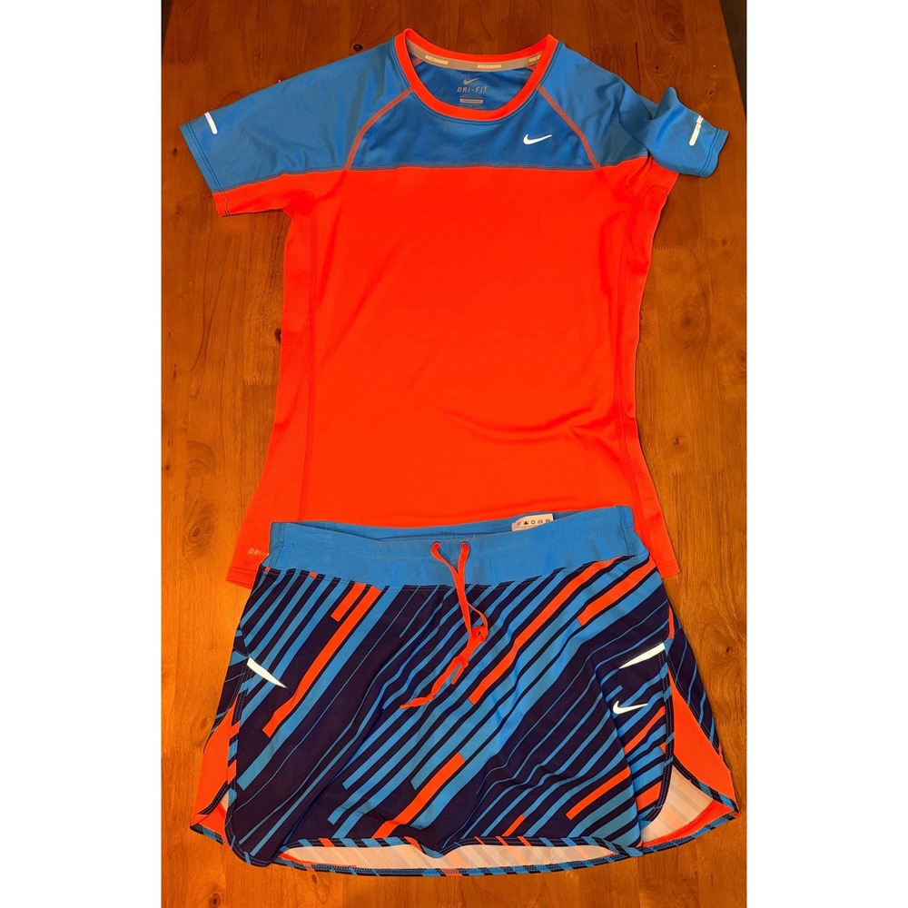 Nike Running Dri-FIT Set Womens Small Orange Blue Top & Geometric Skort 2pc 538